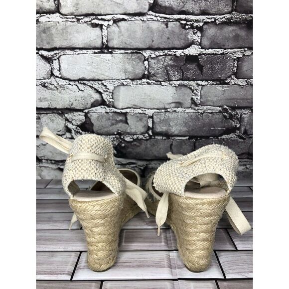 Saks Fifth Ave Ivory Fabric Sequin Ankle Lace Wedge Espadrilles Sandals Women 6M - Picture 10 of 16
